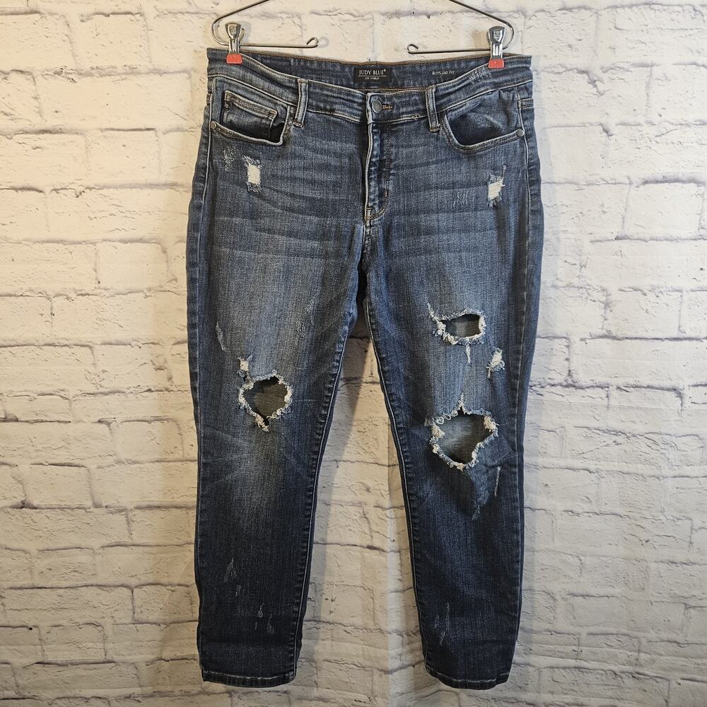 Judy Blue Jeans Women’s 15/32 Blue Mid Rise Boyfriend Fit Distressed Stretch - Picture 1 of 8